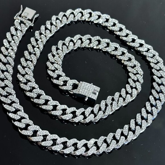 Cuban Link Miami Bling Glittery Silver Unisex necklace Men Women NWT 28" - Picture 5 of 7